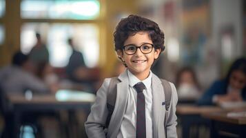 AI generated A happy little boy in his school setting, the warmth of his smile. AI Generated photo