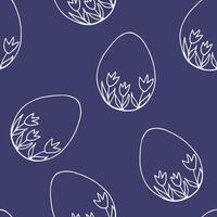 Abstract seamless vector pattern for a festive easter decoration. Light contour of eggs with a floral pattern on a dark blue-violet background. For prints of wrapping paper, fabric, cards. Spring