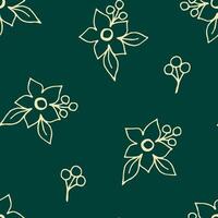 Simple calm gentle floral vector seamless pattern in rural style. Hand drawn light outline small bouquets of flowers, berries on a dark green background. For printing on fabric, textile products.