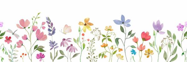 Watercolor seamless border. Hand drawn floral illustration. Vector EPS.