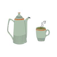 Coffee kettle and cup. Cup of tea and teapot.  Hot drink. Hand drawn vector illustration for coffee shops, cafes, and restaurants.