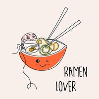 Poster with kawaii bowl of noodles. Ramen lover lettering. Line art style vector illustration. Japanese food aesthetic. Cute print for t-shirt design, textile, wall art, menu.