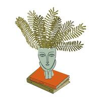 Book stack and houseplant isolated on transparent background. Textbooks for academic studies, home library, fern in flowerpot. Retro colors. Flat style hand drawn vector illustration.