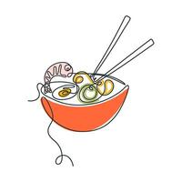 Line art drawing shrimp ramen. Traditional Asian food. Hand drawn vector illustration.