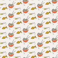 Seamless pattern with Asian food. Line art style Japanese dishes. Continuous line drawing ramen, mochi, taiyaki. Vector illustration for paper, textile print, scrapbook.