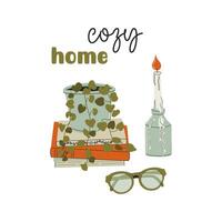 Cozy home objects, interior decorations. Concept of hygge lifestyle. Books pile, houseplant, burning candle and eyeglasses. Relaxation at home. Hand drawn retro style vector illustration. Flat design.