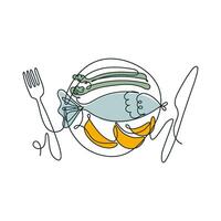 Simplified image of tasty meal. Dinner in line art style. Prepared fish, potatoes, asparagus on a plate. Outline vector illustration for menu, design, flyer.