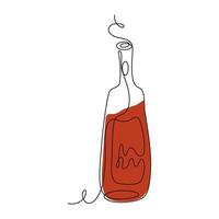 Continuous line drawing bottle of red wine. Alcoholic drink. Line art style illustration for menu, card, logo. vector