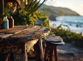 AI generated Wooden table and chair on the beach at sunrise photo