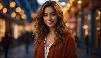 ai generado radiante mujer sonriente en ciudad calle a puesta de sol foto