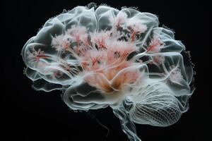 AI generated A delicate jellyfish, with its intricate network of translucent tentacles and vibrant pink hues, gracefully drifts in the dark depths of the ocean. photo