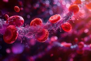 AI generated This vivid depiction showcases red blood cells moving through a vessel with a dynamic, pinkish-red backdrop, illustrating the fluidity and vitality of the human circulatory system. photo