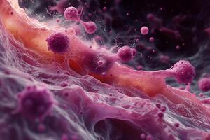 ai generado un detallado ilustración de cáncer células en un dinámica y texturizado ambiente, exhibiendo el complejidad y complejidad de oncológico celular estructuras dentro el humano cuerpo. foto