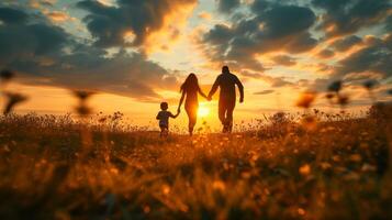 AI generated A heartwarming scene of a family holding hands and walking through a golden field, with the setting sun casting a warm glow over the idyllic landscape. photo