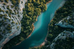 AI generated An aerial view of a serene turquoise river winding through a lush gorge with dense greenery and rocky cliffs, encapsulating the tranquil beauty and untouched wilderness. photo