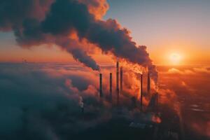 AI generated The setting sun casts a vivid backdrop behind towering smokestacks, as thick smoke billows into the sky, highlighting the stark contrast between natural beauty and industrial pollution. photo