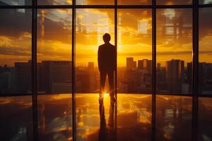 AI generated A contemplative businessman stands silhouetted against a vibrant sunset, the golden hues reflecting off the glossy floor of a modern office building, overlooking a bustling cityscape. photo