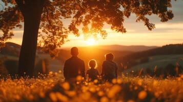 AI generated A silhouette of a family of three enjoying a serene sunset in a field of dandelions, with the golden sun casting a warm light over the rolling hills. photo