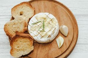 White baguette cut into pieces with olive oil and Camembert cheese on the table. photo
