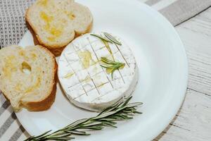 White baguette cut into pieces with olive oil and Camembert cheese on the table photo