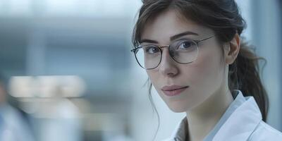 AI generated Innovative Research Young Woman Scientist in White Coat and Glasses Leading a Team of Specialists in a Modern Medical Science Laboratory, with Blurred Background photo