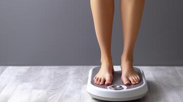 ai generado un mujer medición su peso utilizando escamas en piso foto