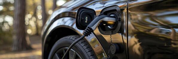 AI generated Charging Towards Sustainability, Close-Up of Electric Car Charging, Symbolizing Ecological Transportation photo