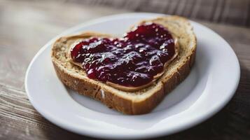 ai generado reconfortante desayuno, tostado en forma de corazon un pan coronado con un porción de maní mantequilla y oscuro rojo mermelada, presentado en un blanco plato en contra un de madera mesa foto