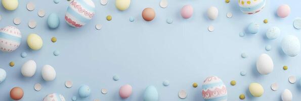 AI generated Easter Eggs Galore, Pastel-Colored Eggs Adorn the Top and Bottom, Creating a Festive Frame for a Large Empty Space, Set Against a Minimal Pastel Blue Background photo