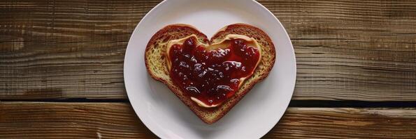 ai generado reconfortante desayuno, tostado en forma de corazon un pan coronado con un porción de maní mantequilla y oscuro rojo mermelada, presentado en un blanco plato en contra un de madera mesa foto