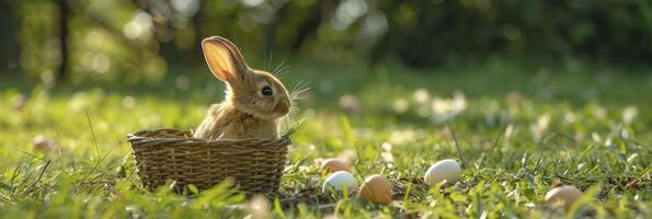 AI generated Adorable Easter Bunny, A Small and Beautiful Baby Rabbit Rests in a Basket on a Lush Green Lawn, Surrounded by Colorful Easter Eggs photo