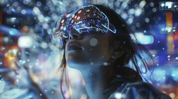 AI generated Exploring the Digital Realm, Caucasian Woman Immersed in 3D Cyberspace with Animated Social Media Interfaces and Online Entertainment photo