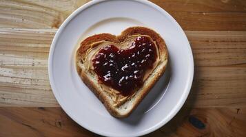 ai generado reconfortante desayuno, tostado en forma de corazon un pan coronado con un porción de maní mantequilla y oscuro rojo mermelada, presentado en un blanco plato en contra un de madera mesa foto