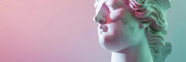 AI generated Pastel Reverence, Close-Up of Abstract Greek Deity Sculpture Against Gradient Pink and Green Background, Offering Copy Space photo