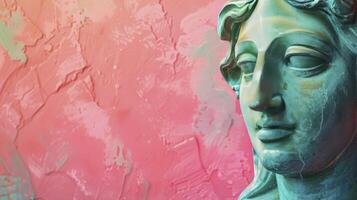 AI generated Pastel Reverence, Close-Up of Abstract Greek Deity Sculpture Against Gradient Pink and Green Background, Offering Copy Space photo