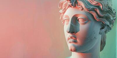 AI generated Pastel Reverence, Close-Up of Abstract Greek Deity Sculpture Against Gradient Pink and Green Background, Offering Copy Space photo