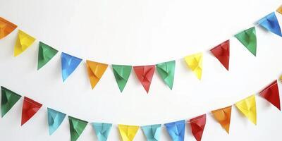 ai generado vibrante celebracion, vistoso fiesta guirnalda con festivo banderas en brillante rojo, verde, amarillo, y azul. de forma triangular y aislado en blanco, Perfecto para pared decoración a fiesta eventos foto