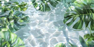 ai generado tranquilo aguas, parte superior ver de claro, prístino agua con un vibrante verde tropical hoja, luz de sol bailando en el superficie. amplio espacio para texto foto
