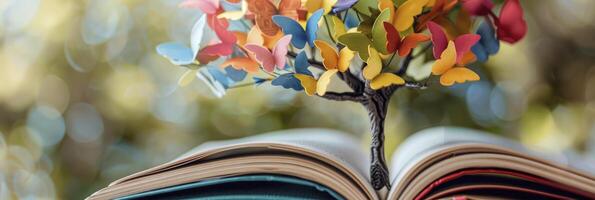 AI generated Celebrating International Literacy Day, Tree of Knowledge Flourishes with Colorful Books as Leaves, Symbolizing Education and Empowerment photo