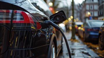 AI generated Charging Towards Sustainability, Close-Up of Electric Car Charging, Symbolizing Ecological Transportation photo