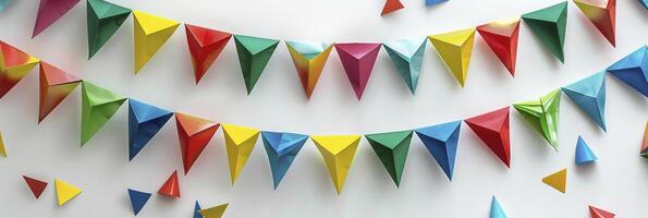 ai generado vibrante celebracion, vistoso fiesta guirnalda con festivo banderas en brillante rojo, verde, amarillo, y azul. de forma triangular y aislado en blanco, Perfecto para pared decoración a fiesta eventos foto