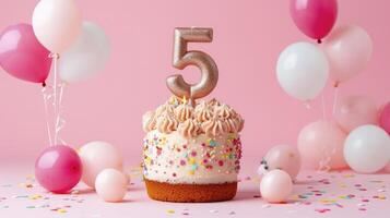 ai generado quinquenal cumpleaños o aniversario pastel celebracion con globos foto
