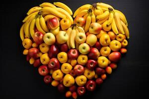 AI generated Bananas and apples arranged in a heart shaped photo