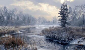 ai generado un invierno escena con un río y arboles foto