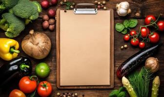 AI generated blank rustic wood menu clipboard, surrounded by cooking ingredients and fruit and vegetables, top view, focus on center photo