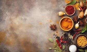 AI generated Cooking banner. Background with spices and vegetables. Top view. Free space for your text photo
