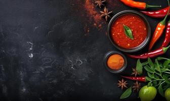 AI generated top view Wide variety spices and herbs on background of black table, with empty space for text photo