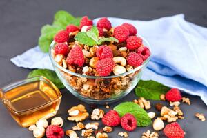 A bowl of granola with fresh raspberries and honey for breakfast. Healthy food concept. Making homemade granola. Close-up. photo