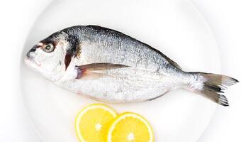 Fresh fish Dorado with lemon on the white plate. Top view. photo