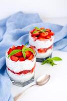 Summer tasty dessert with fresh strawberry, yogurt and chia seeds. Diet breakfast. photo